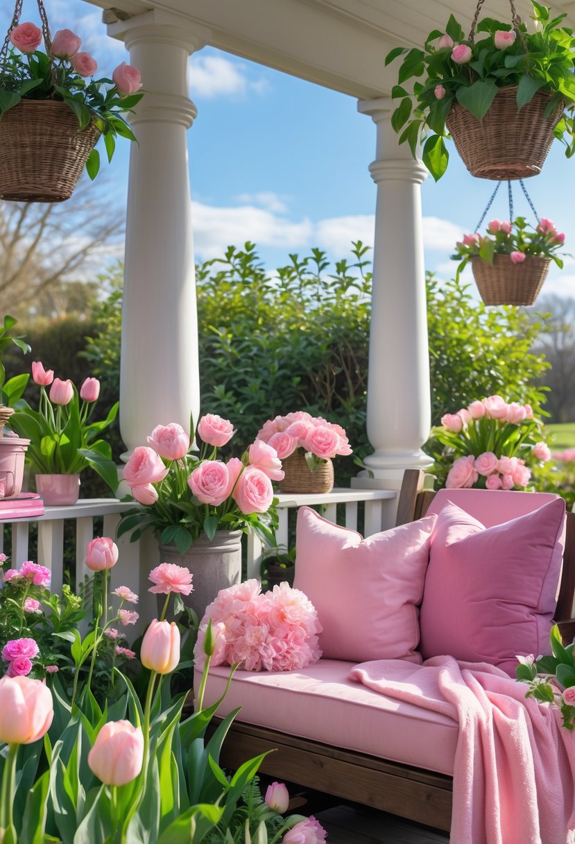 A porch decorated with pink flowers, green plants, and pink cushions on a wooden bench surrounded by a spring garden.
