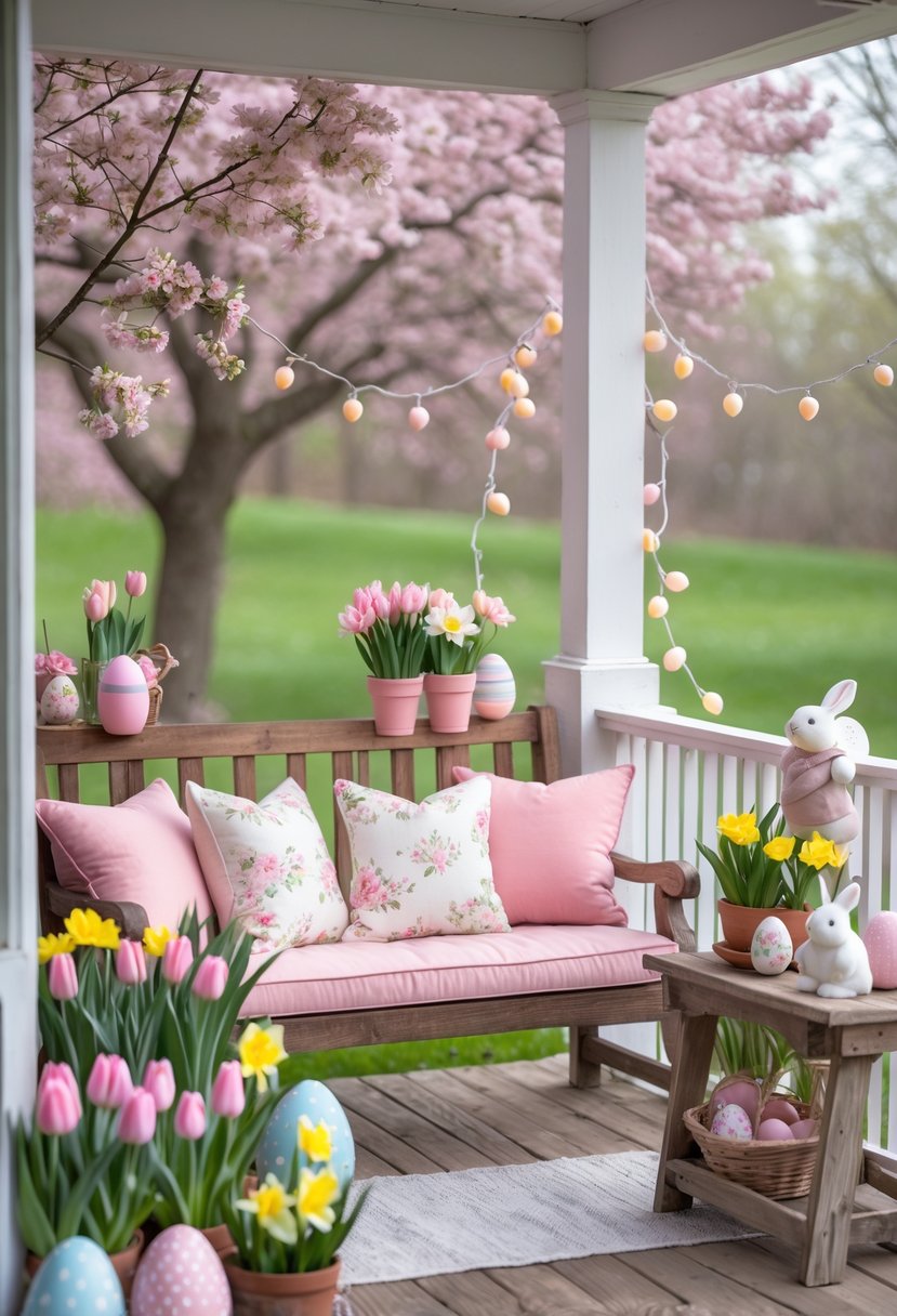 A spring porch decorated with pink cushions, pastel flowers, Easter decorations, and a wooden bench.