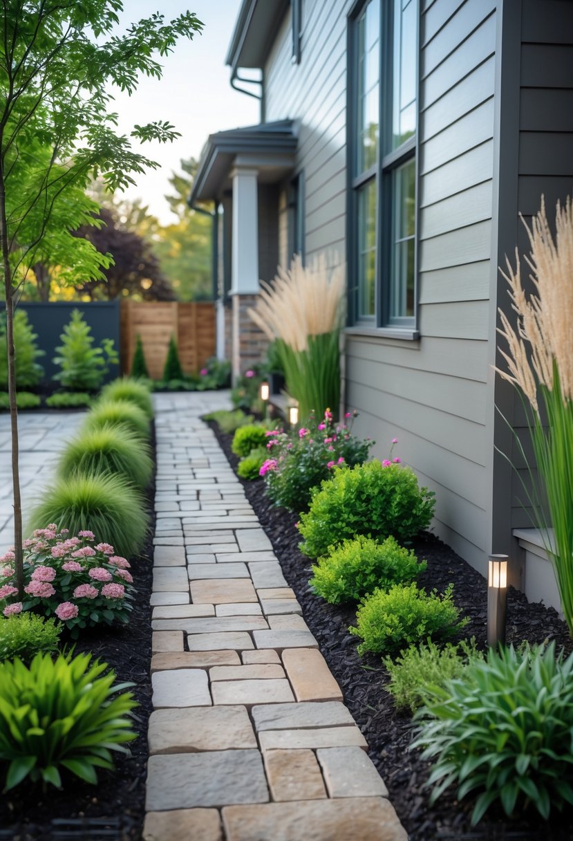 Side view of a house with a stone pathway, green shrubs, flowering plants, and small trees in a landscaped garden.