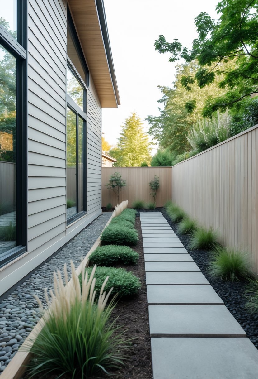 A narrow side garden next to a modern house with a stone pathway and neatly arranged plants and shrubs.