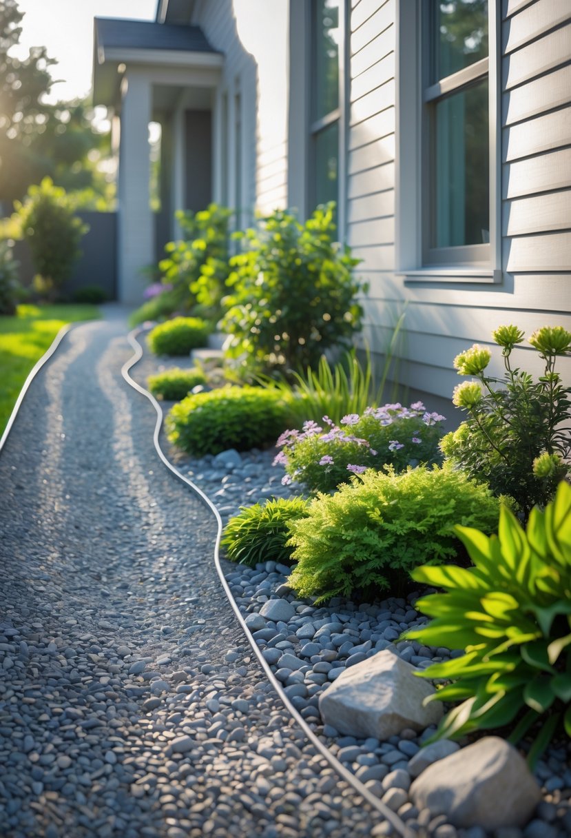 A gravel pathway bordered by plants and shrubs runs alongside the side of a house.