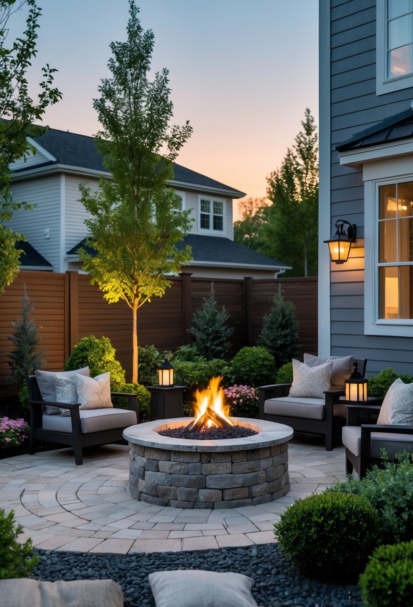 A fire pit seating area with chairs and plants on the side of a house in a backyard.
