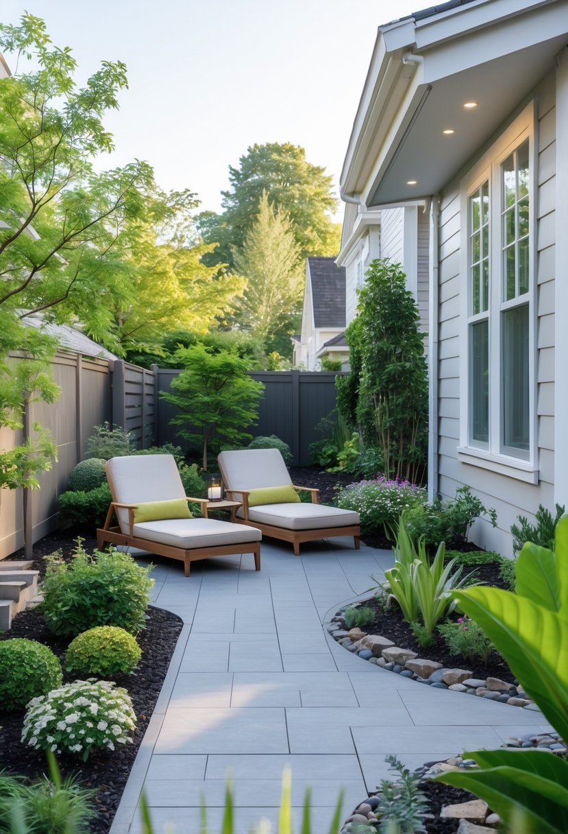 Small side patio lounge area next to a house with chairs, a coffee table, and surrounding plants.