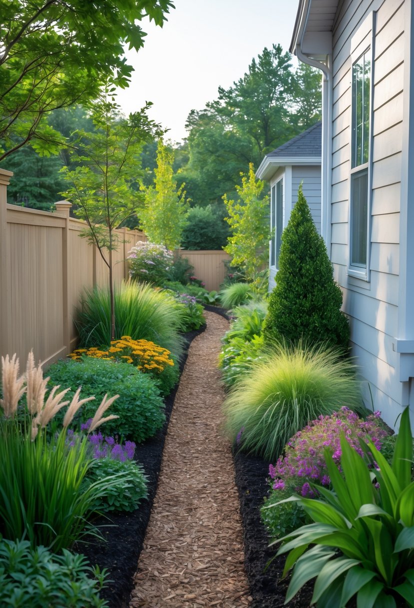 A side yard beside a house with a narrow pathway lined by green plants, colorful flowers, and shrubs creating a garden corridor.