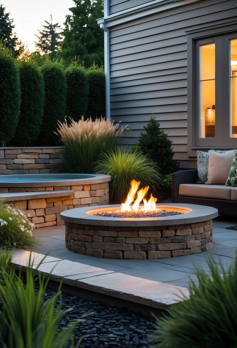 Backyard corner with a hot tub next to a fire pit surrounded by outdoor seating and plants beside the side of a house.