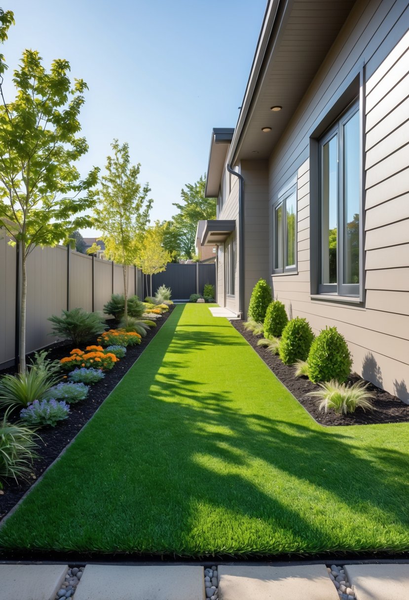 Side of a house with clean artificial turf and colorful flower beds along a pathway.