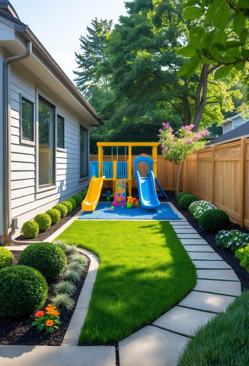 Side yard of a house with a kids play area including a slide, swing set, sandbox, and surrounding plants.