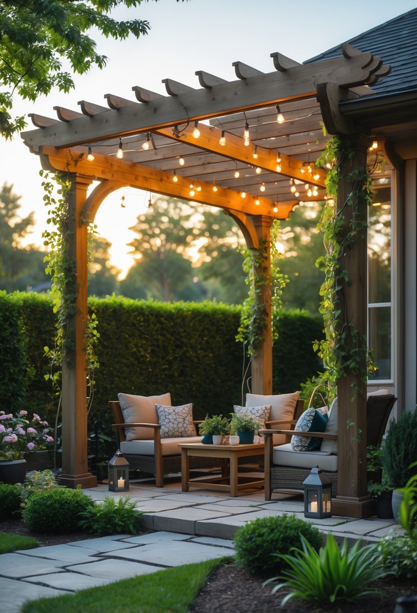 A cozy pergola lounge with wooden structure, outdoor seating, and surrounding plants next to the side of a house.