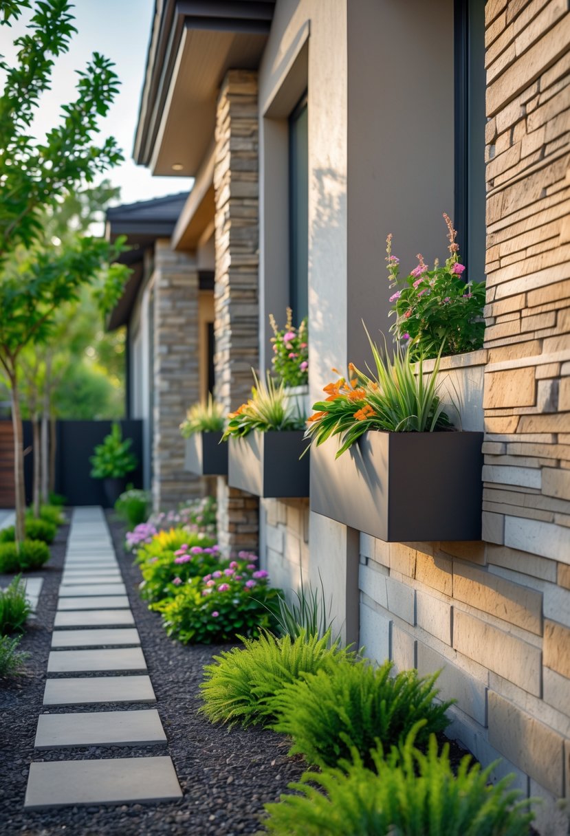 Side of a house with vertical planters on the wall, decorative stone walls, and landscaped pathway with plants.