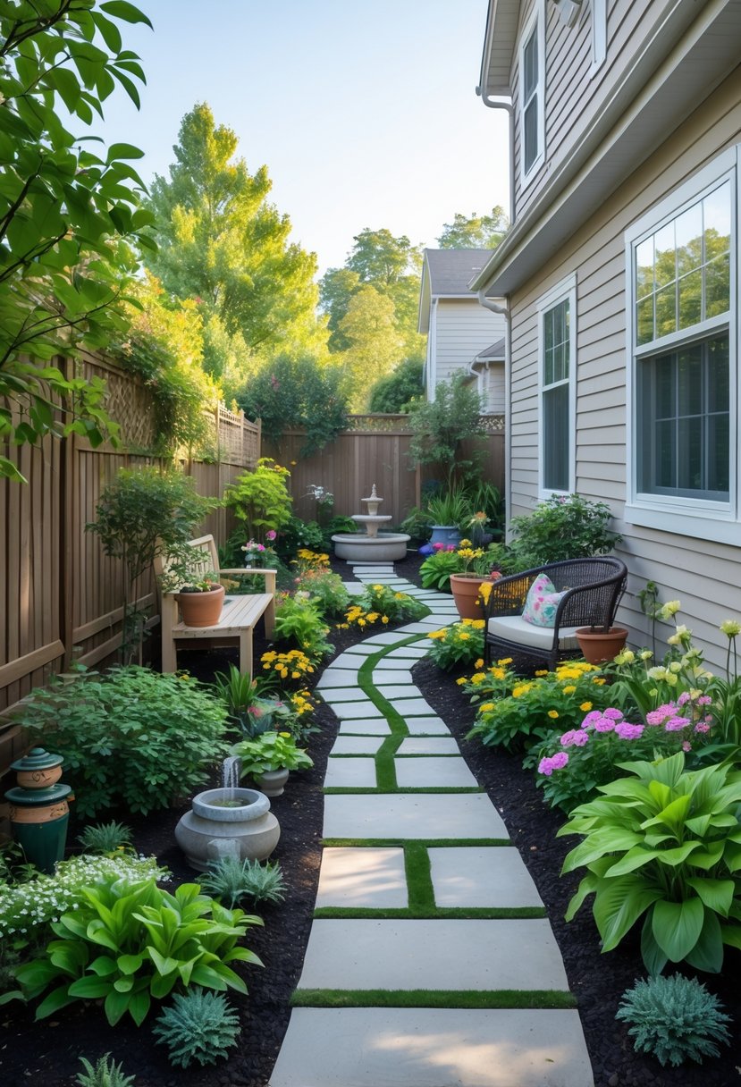 A side yard transformed into a courtyard garden with a stone pathway, flowering plants, potted greenery, and outdoor seating next to a house.