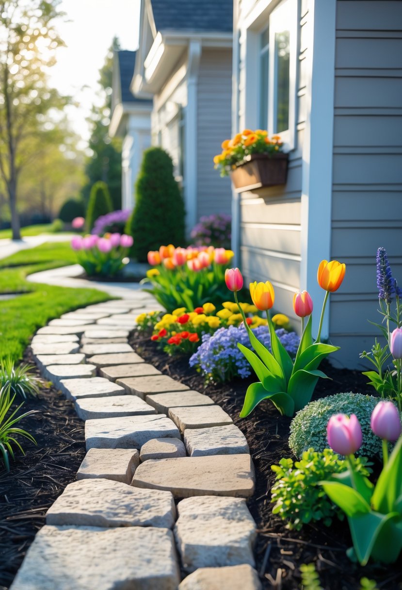 A stone garden path runs alongside a house, bordered by colorful flowering plants and green shrubs.