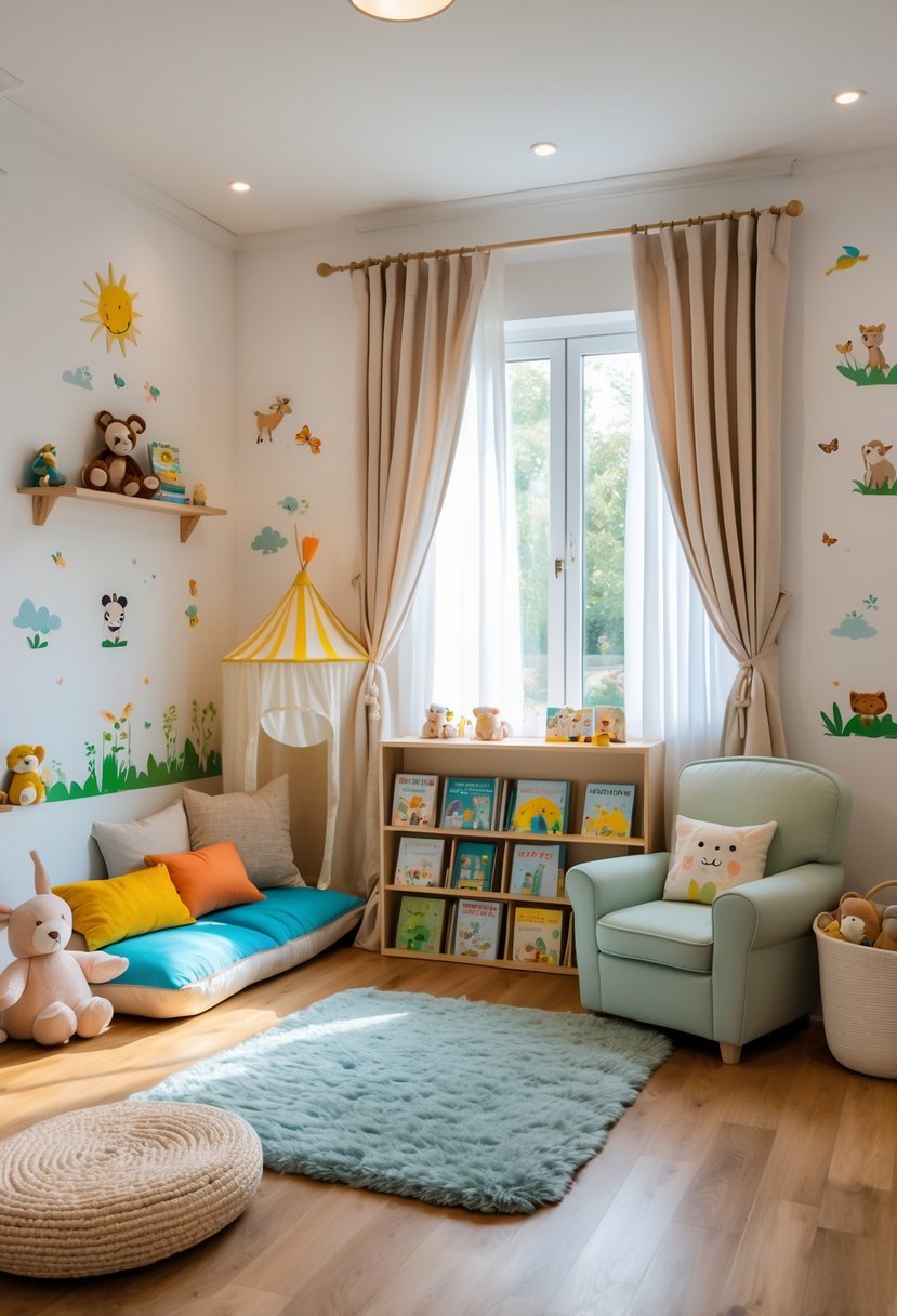 A toddler reading nook with cushions, a small bookshelf filled with books, a child-sized chair, stuffed animals, and natural light coming through a window.