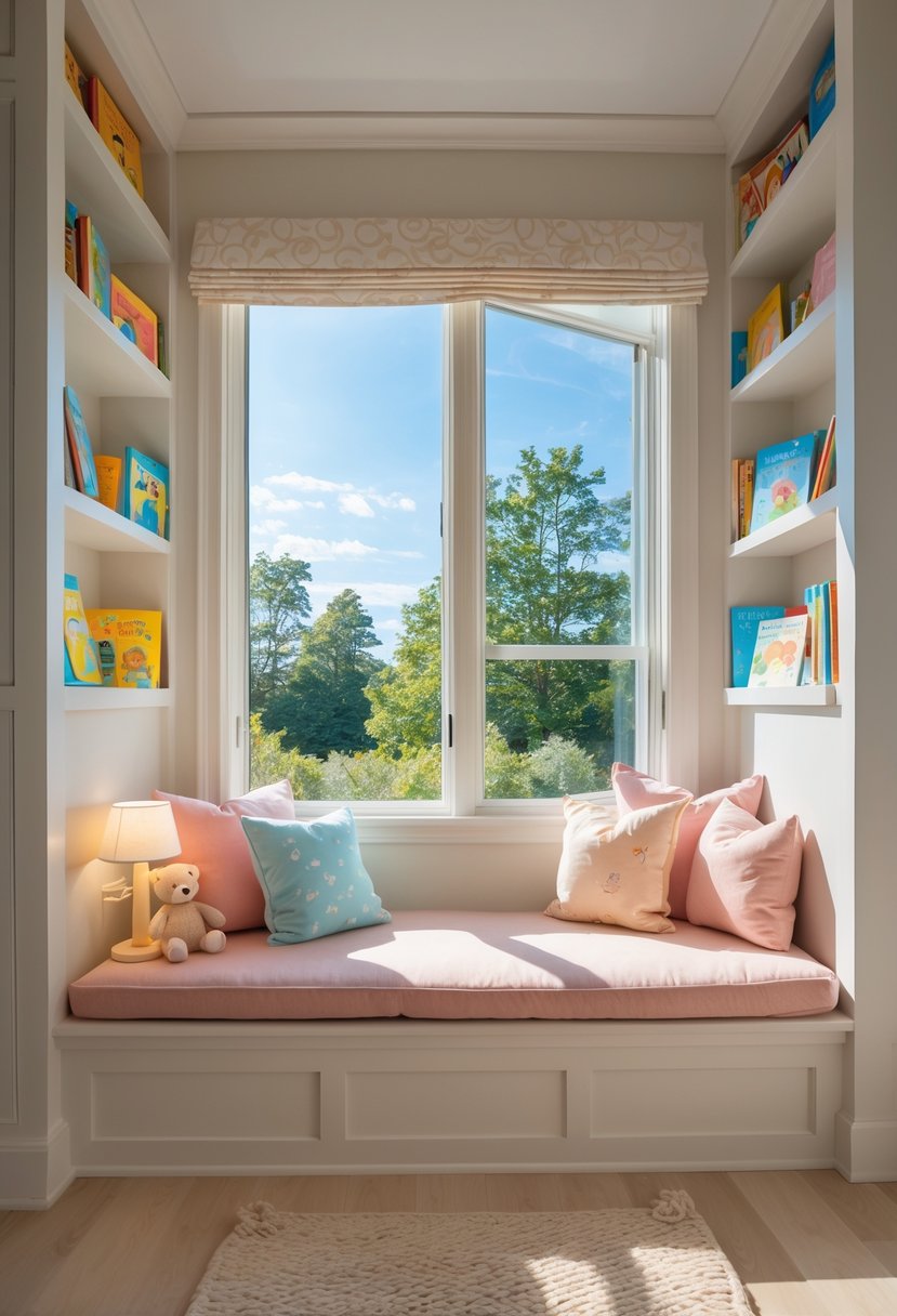 A toddler-sized window seat with cushions and books in a sunny room.