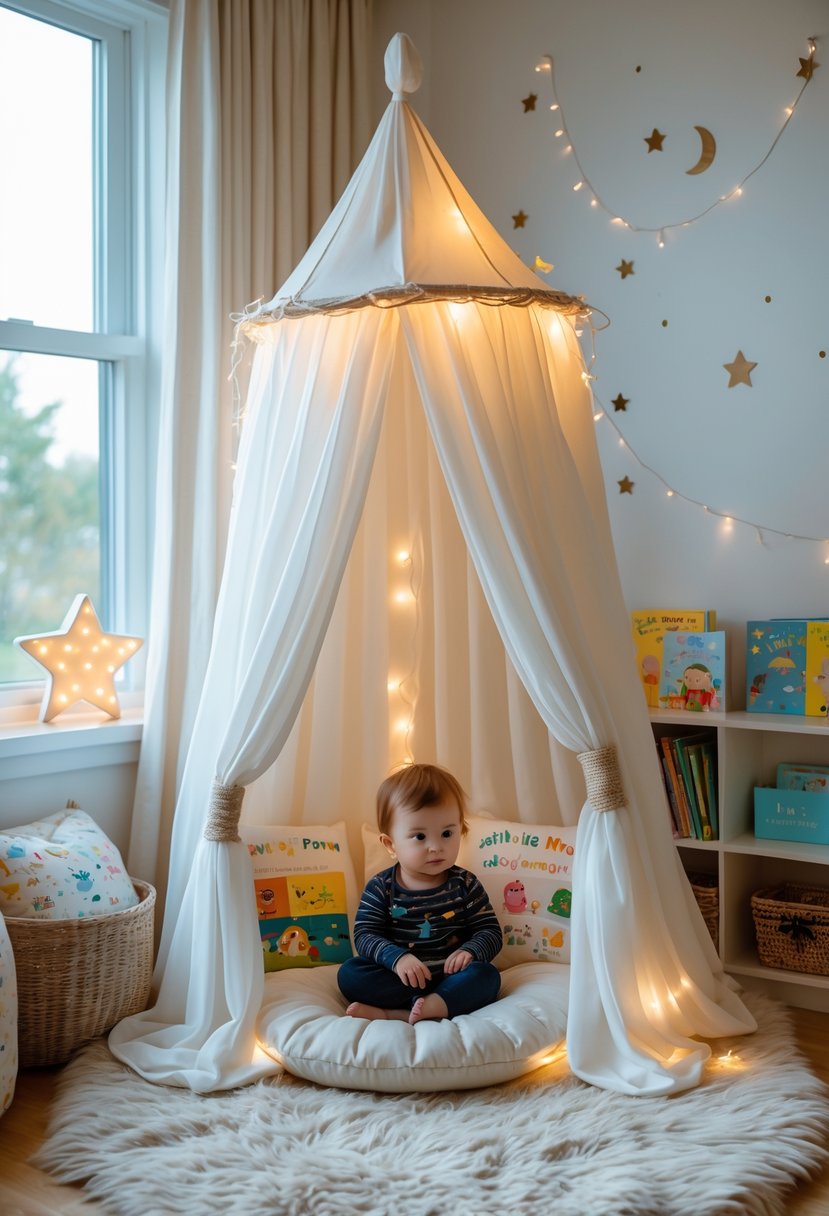 A toddler sitting inside a cozy canopy reading nook surrounded by pillows, books, and soft lighting.