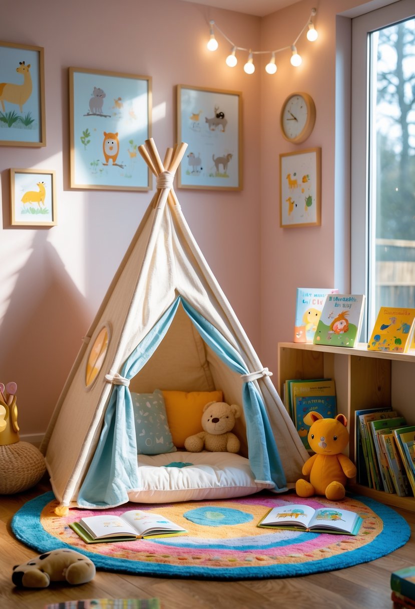 A toddler's reading nook with a small play tent, cushions, toys, and children's books in a bright kids' room.