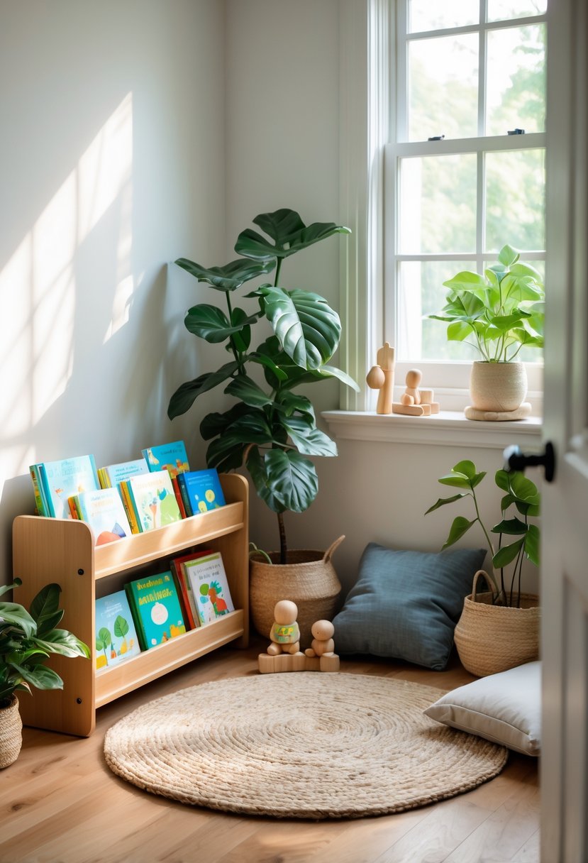 A toddler reading nook with a low wooden bookshelf, floor cushions, plants, and natural light.