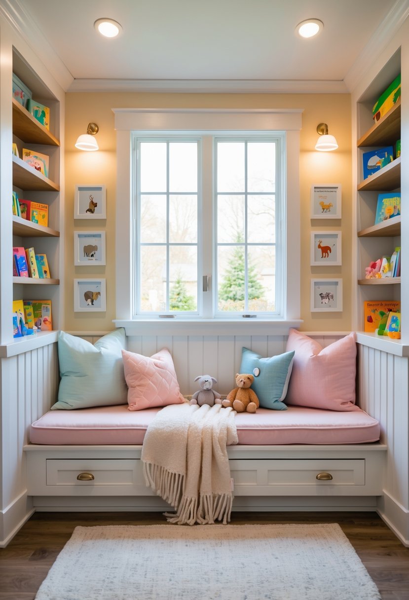 A built-in reading bench nook for toddlers with cushions, bookshelves, toys, and natural light from a window.