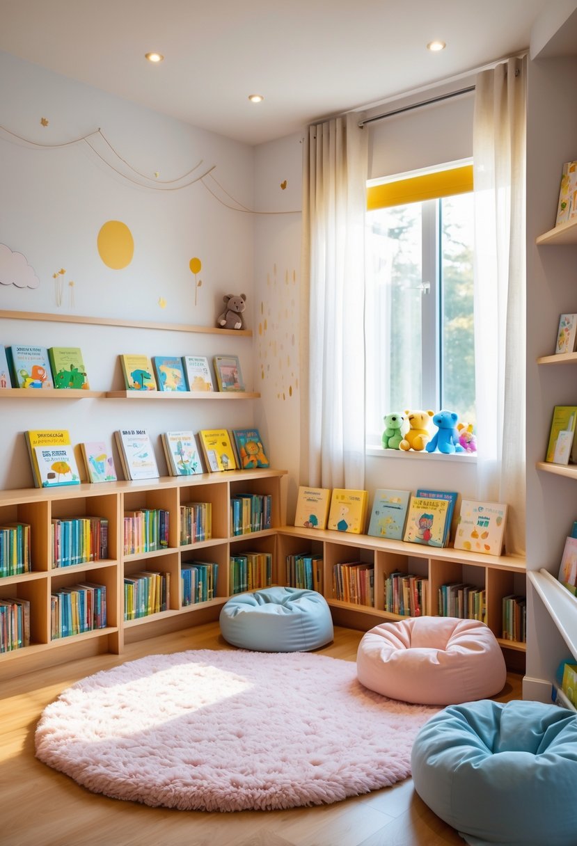 A cozy corner reading nook with low bookshelves, colorful children's books, cushions, and soft lighting designed for toddlers.
