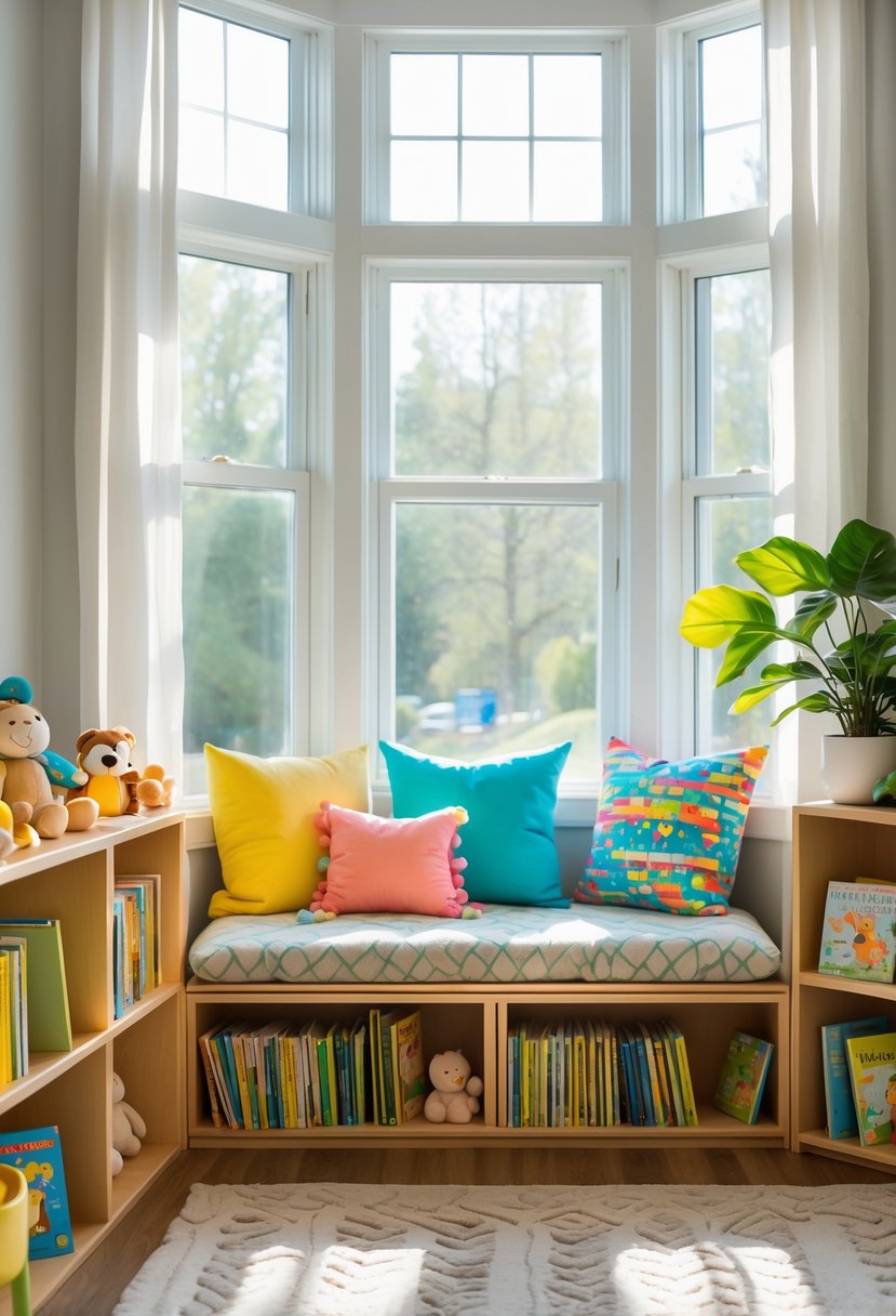 A cozy toddler reading nook under a window with cushions, bookshelves, toys, and natural light.