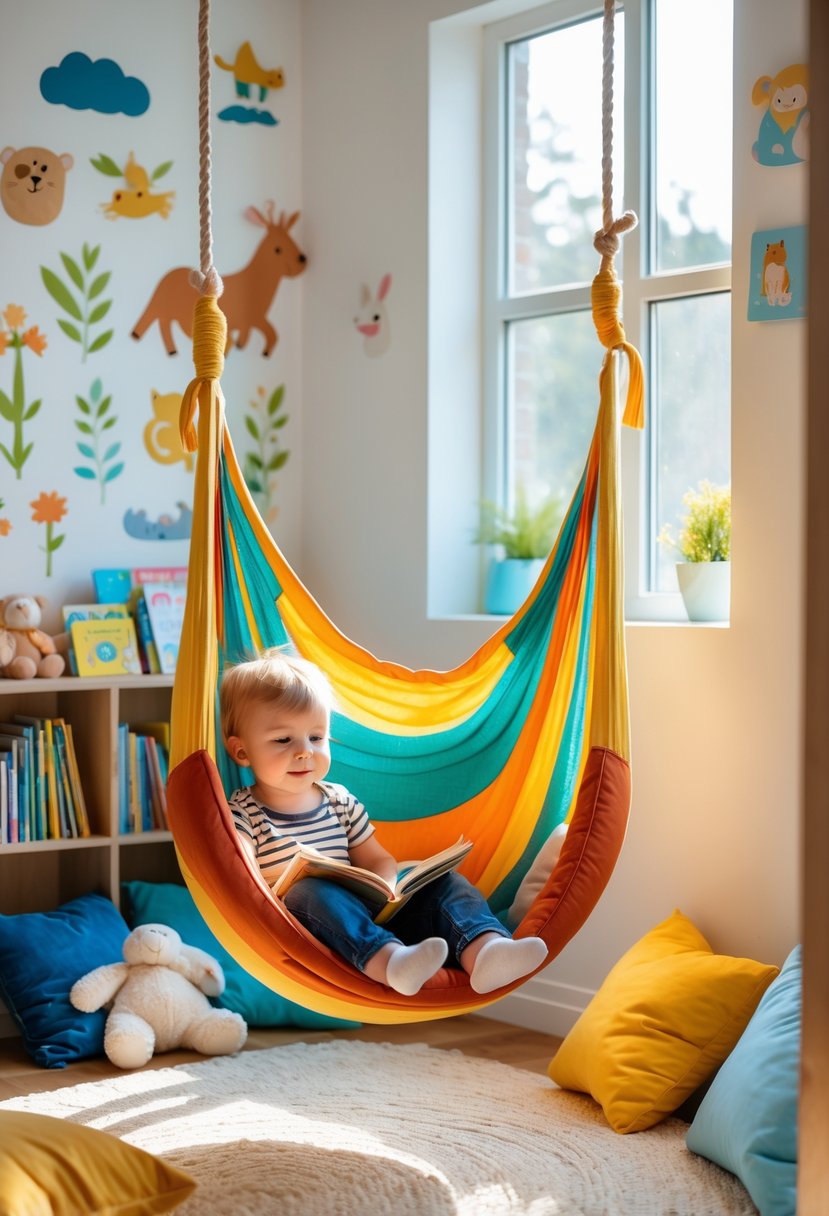 A toddler-sized indoor hammock surrounded by cushions, toys, and a small bookshelf filled with children's books in a sunny corner.