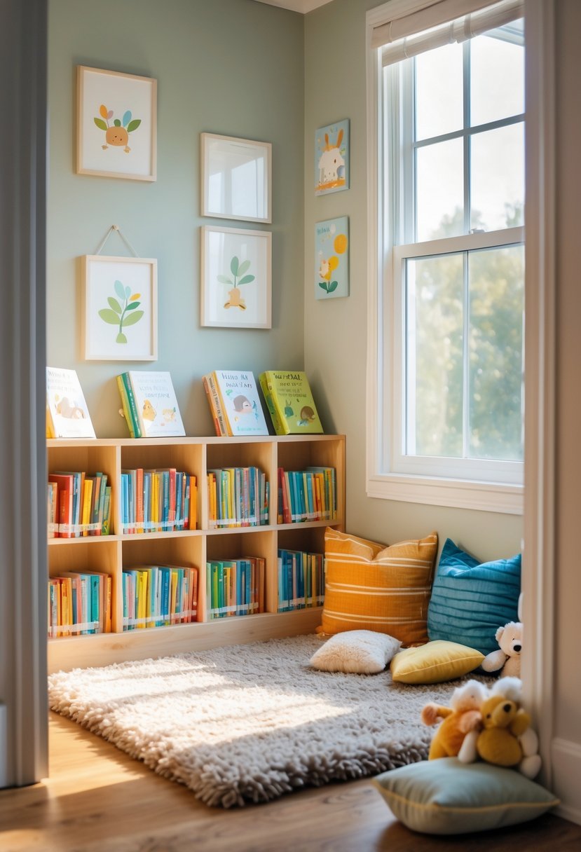 A cozy toddler reading nook with low bookshelves, colorful children's books, cushions, stuffed animals, and natural light from a window.