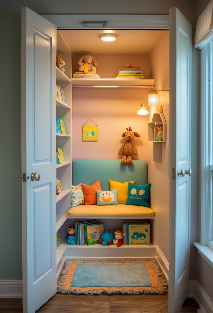 A cozy toddler reading nook inside an open closet with cushions, books, and toys.