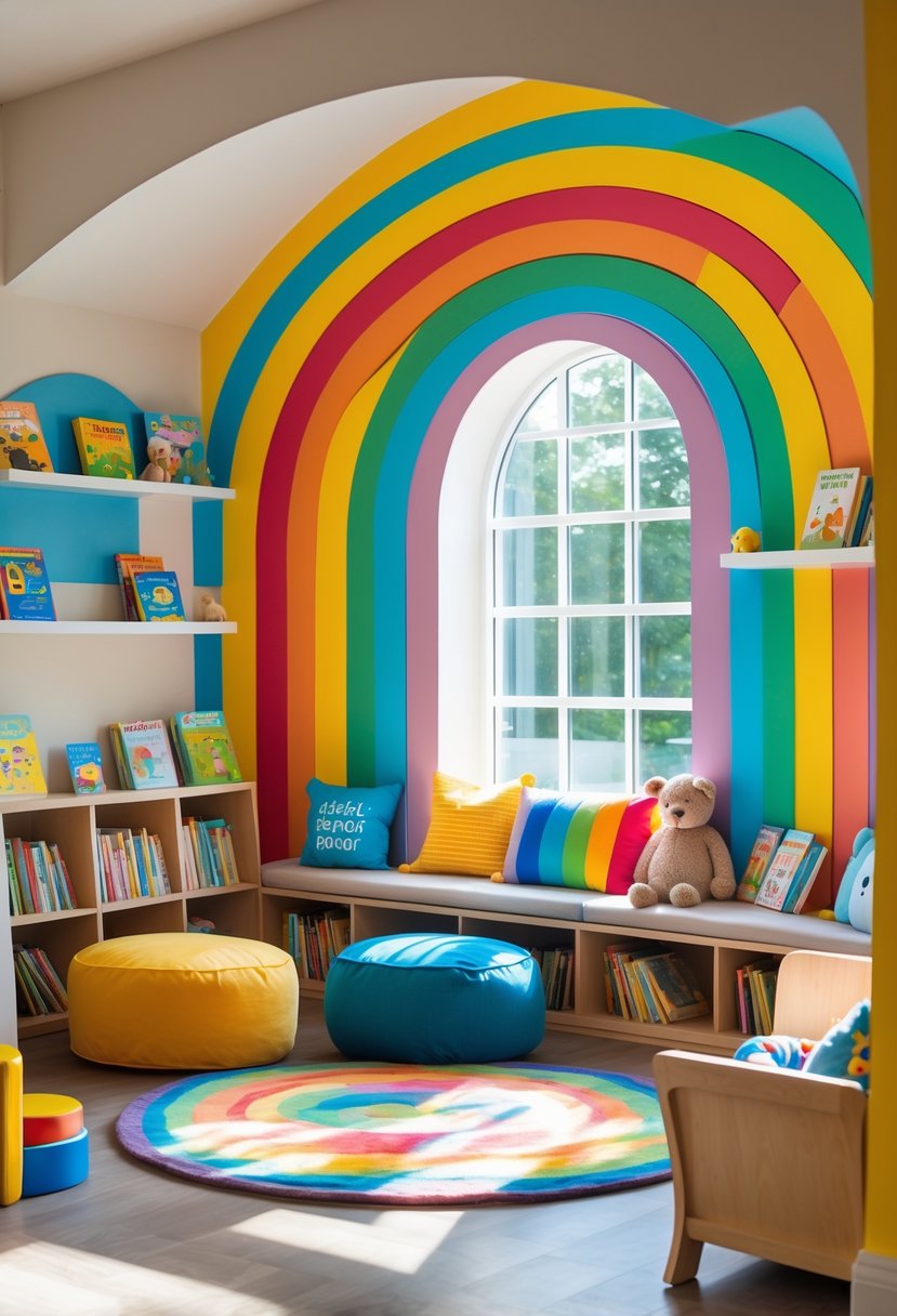 A toddler reading nook decorated with rainbow colors, small furniture, cushions, bookshelves, and plush toys in a cozy corner.