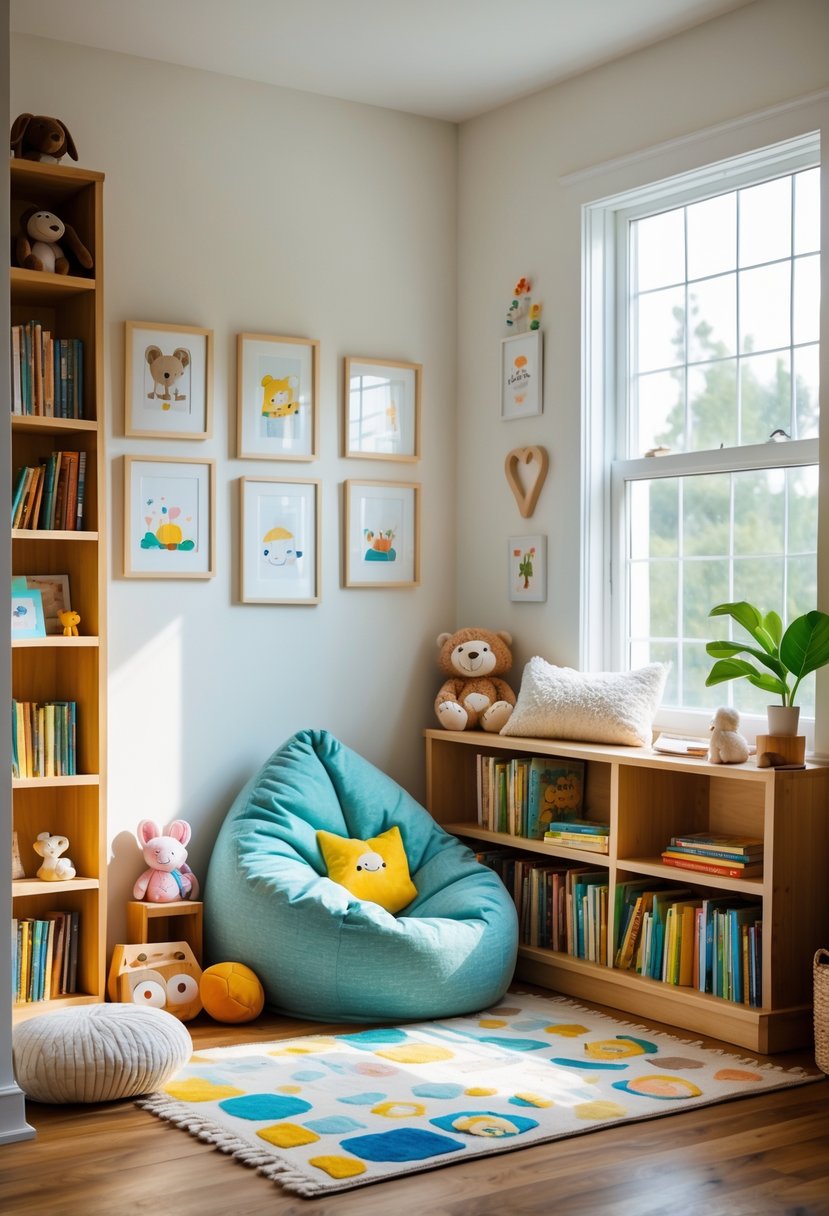 A small living room corner with a toddler-sized chair, low bookshelf filled with children's books, plush toys, and a colorful rug.