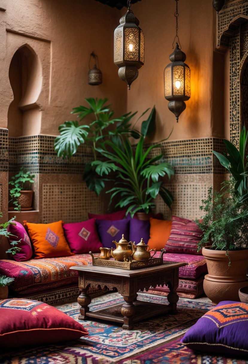 A cozy living nook with colorful cushions, a low wooden table with tea glasses, patterned rugs, and hanging lanterns.