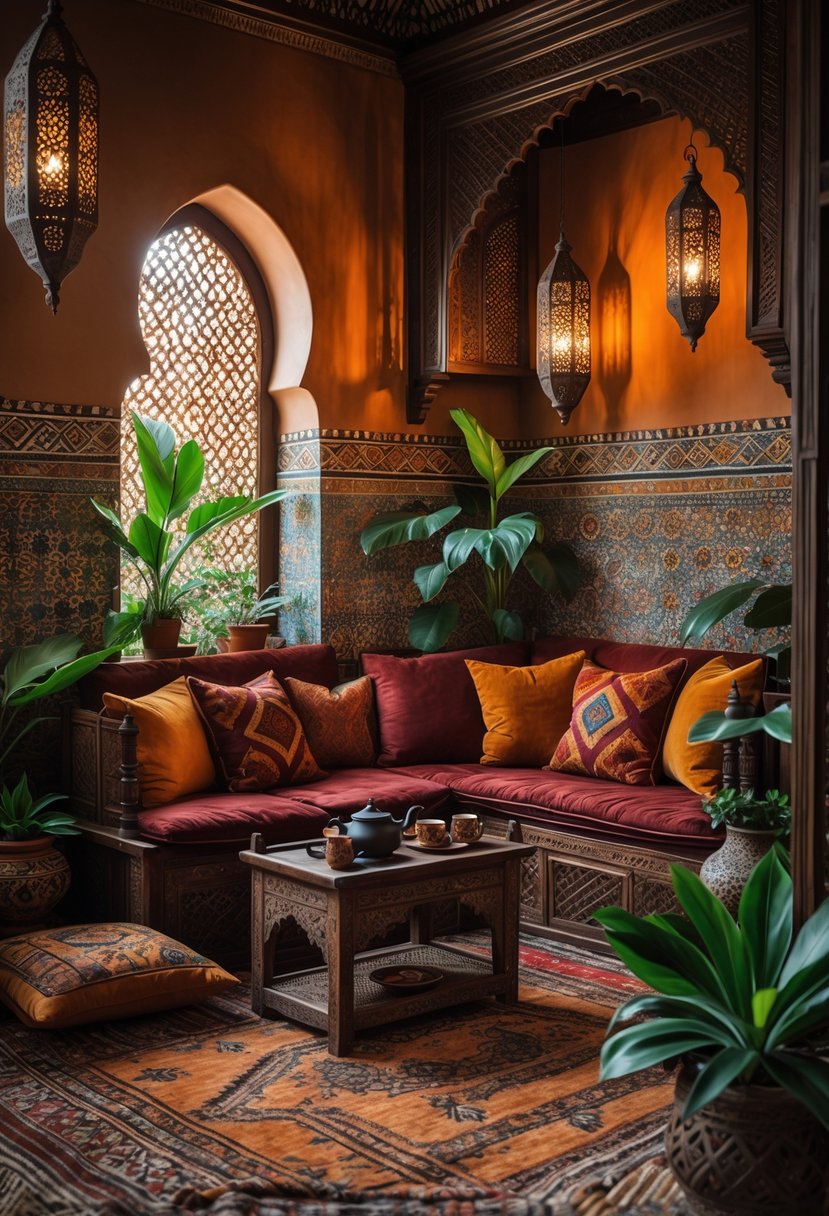A cozy seating area with patterned cushions, wooden furniture, lanterns, mosaic tiles, a tea set, plants, and rugs in a warmly lit room.