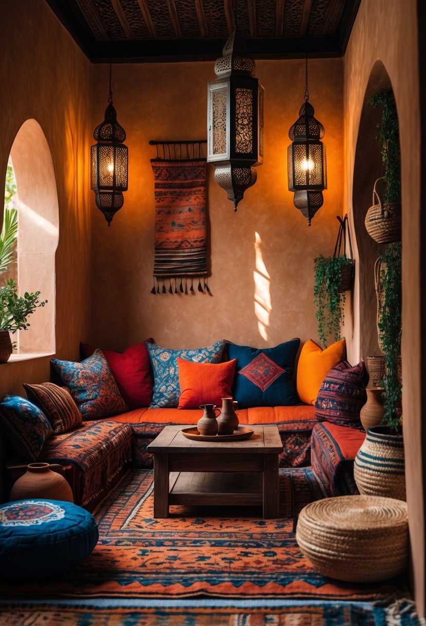 A cozy living nook with colorful cushions, a low wooden table, patterned rugs, and warm lantern lighting.