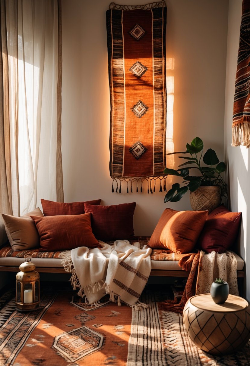 A cozy living nook with layered cushions, blankets, rugs, a small lantern, pottery, and a potted plant arranged on and around a low wooden bench.