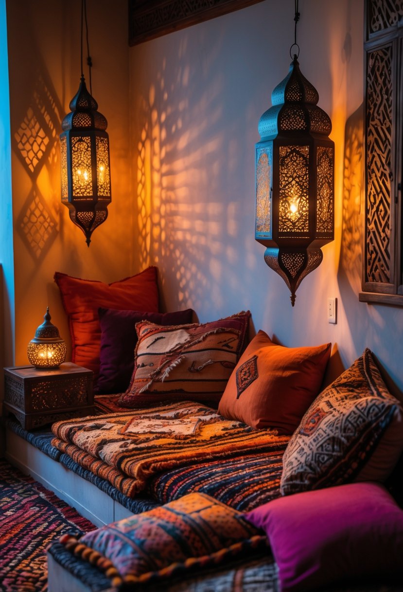 A cozy living nook with plush cushions, warm glowing lanterns, a wooden side table, and patterned rugs creating a comfortable and inviting space.