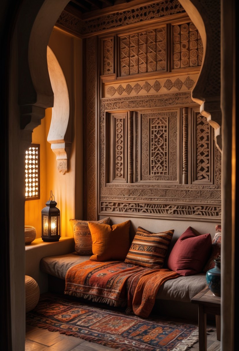 A cozy living nook with decorative carved wall panels, plush cushions, and a small wooden side table with a lantern.