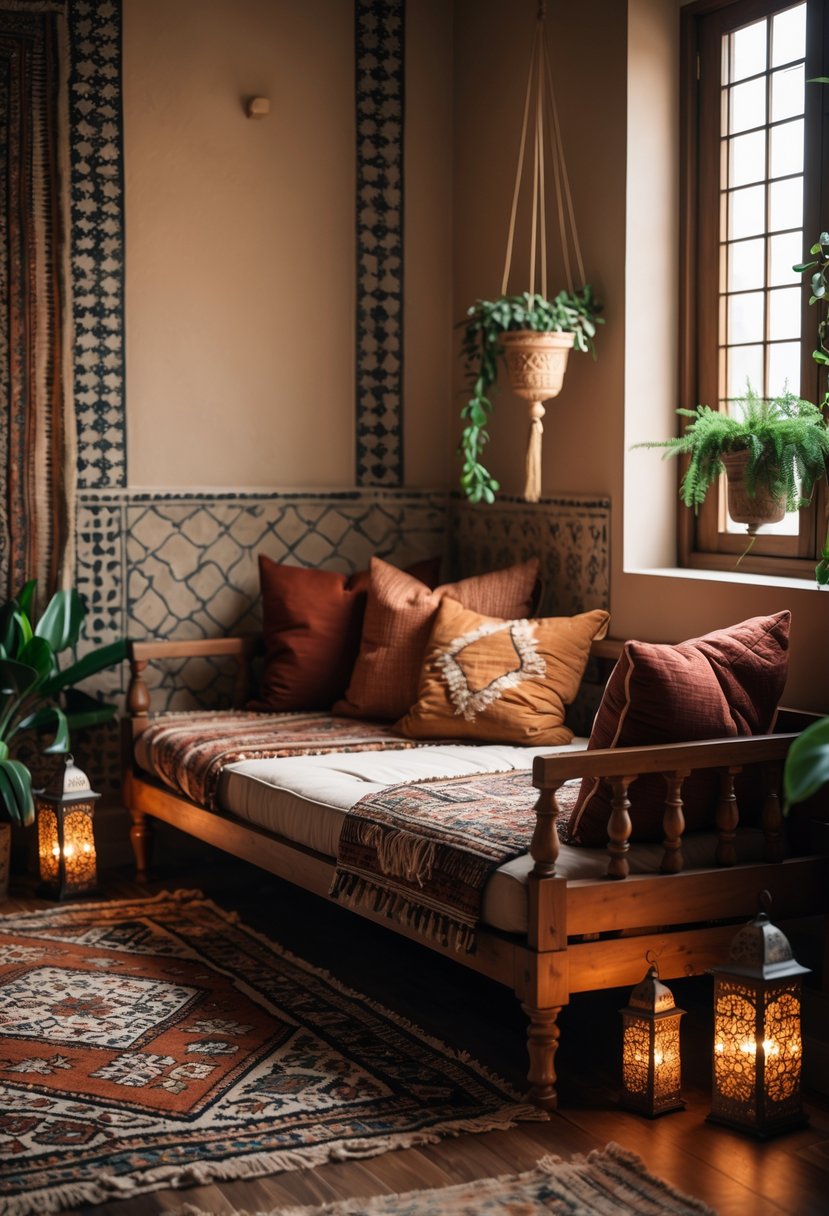 A cozy living space with a low wooden daybed, plush cushions, patterned rugs, lanterns, and plants near a softly lit window.