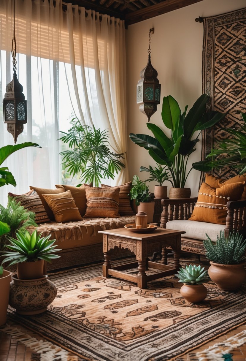 A cozy living room nook with cushions, indoor plants, wooden furniture, and soft natural light.