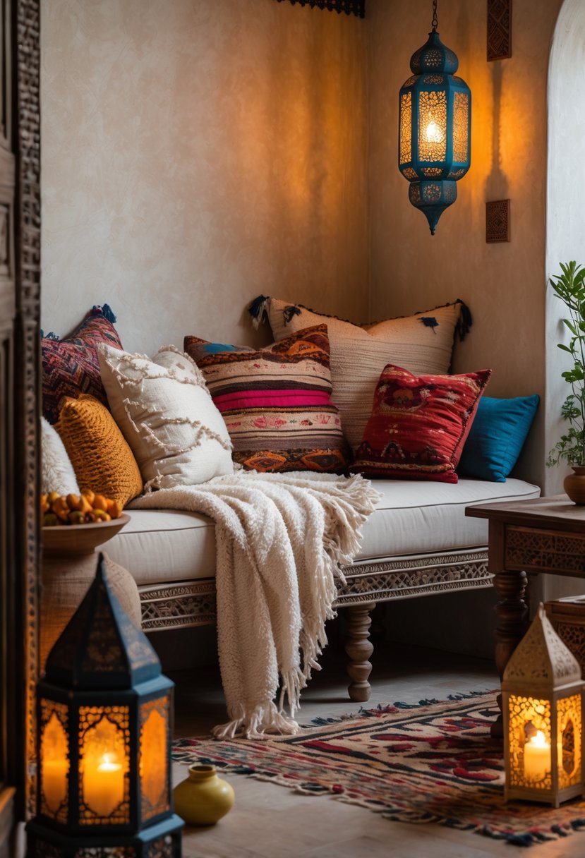 A cozy living nook with comfortable seating, decorative cushions, wooden furniture, ambient lantern lighting, and a small coffee table with plants and ceramics.