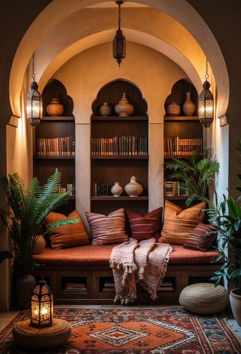 A cozy living space with a comfortable seating area, cushions, rugs, bookshelves, and warm ambient lighting.
