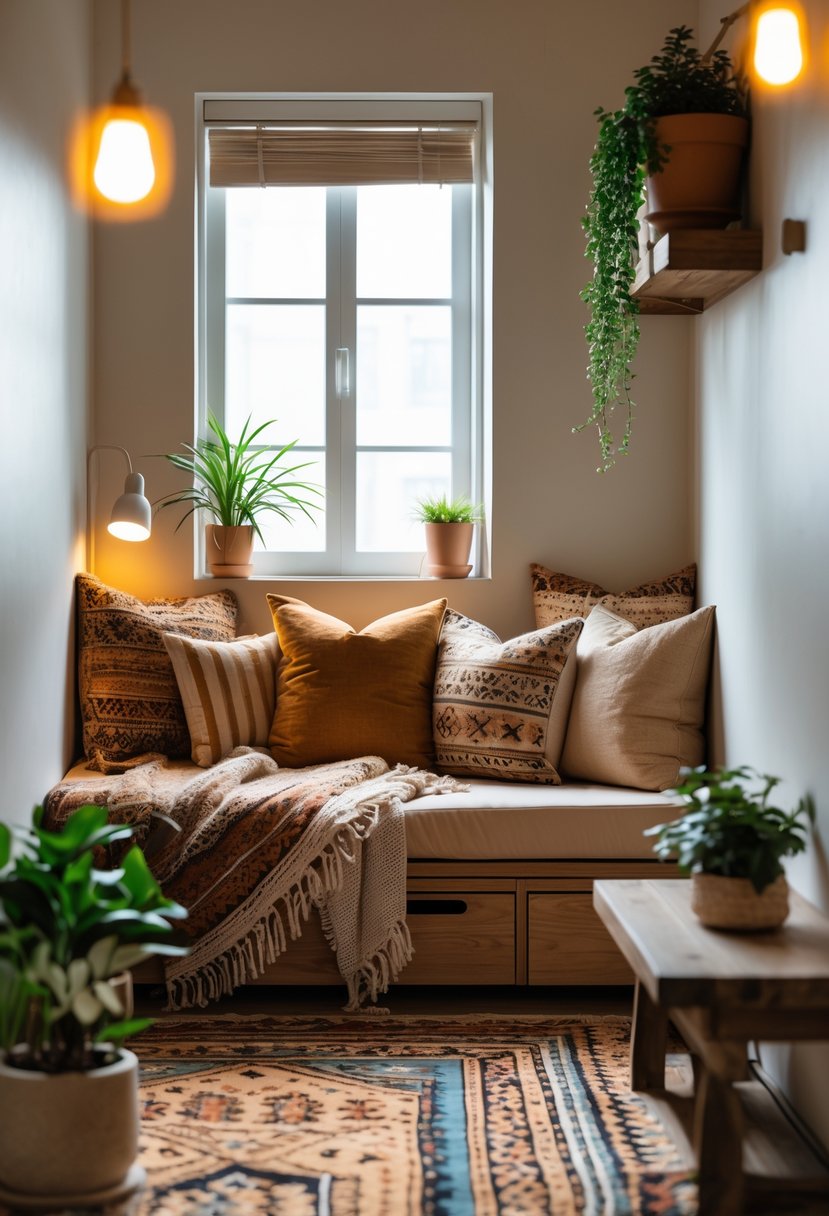 A small living nook with a comfortable seating area, cushions, a wooden coffee table, plants, and soft natural light.
