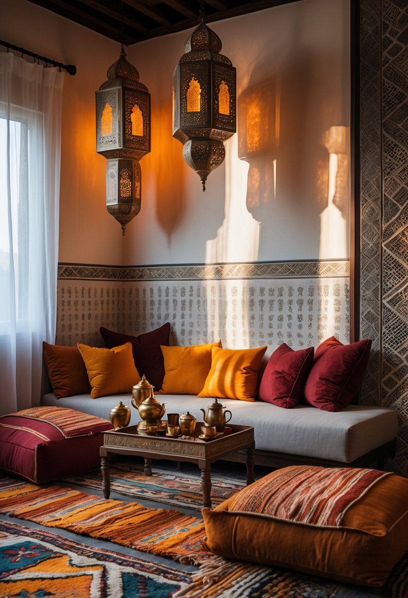 A cozy living nook with a low sofa, colorful cushions, hanging lanterns, patterned rugs, and a wooden coffee table with a teapot and cups in a bright room.