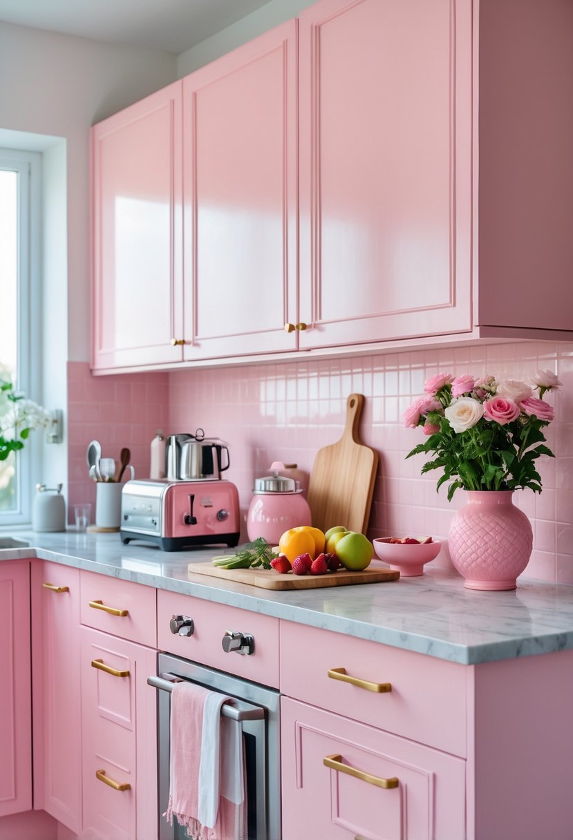 A modern kitchen with pink cabinets and matching pink kitchen accessories arranged neatly on the countertop.