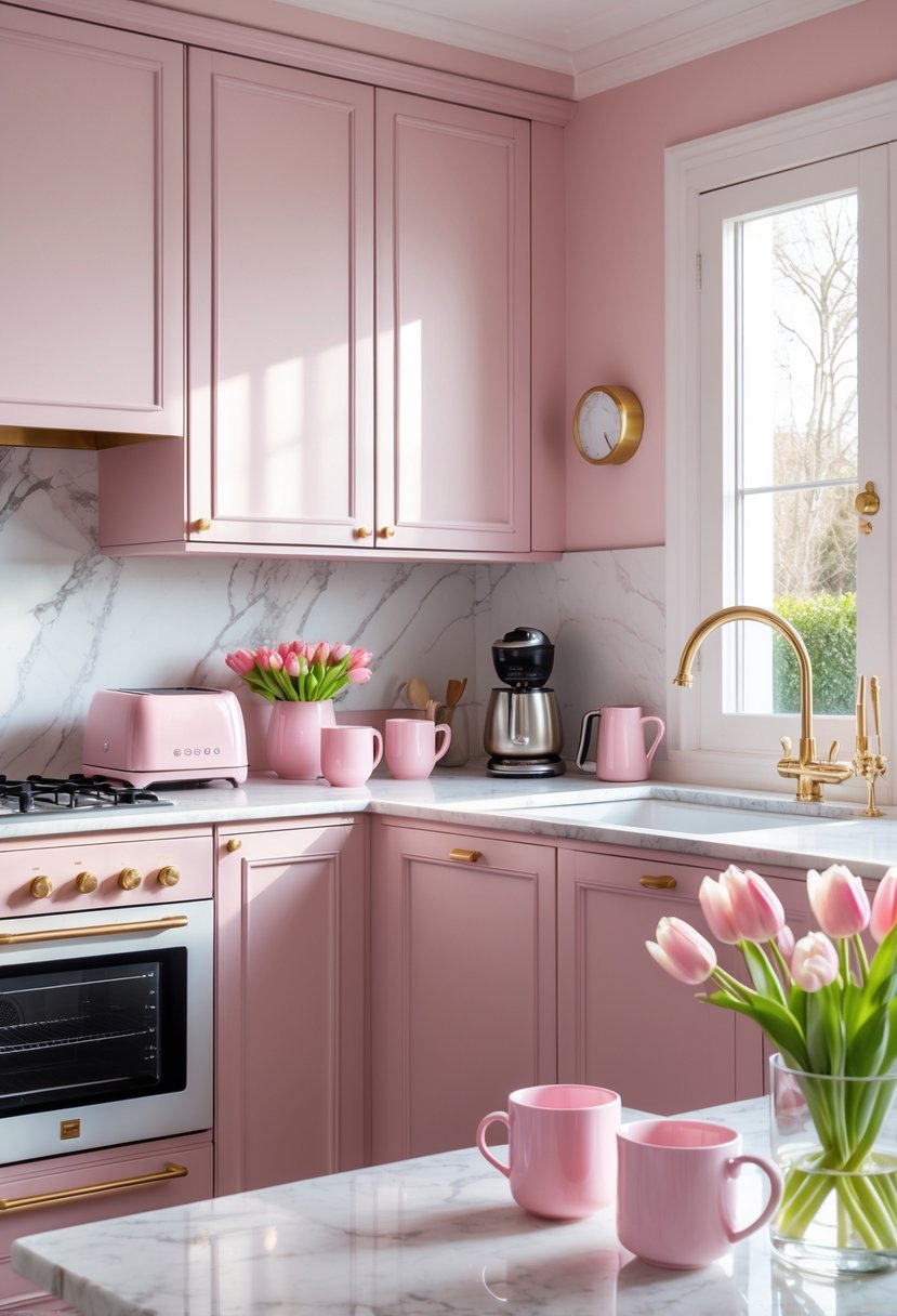 A bright kitchen with pink cabinets, white countertops, pink kitchen accessories, and a vase of fresh tulips on the counter.