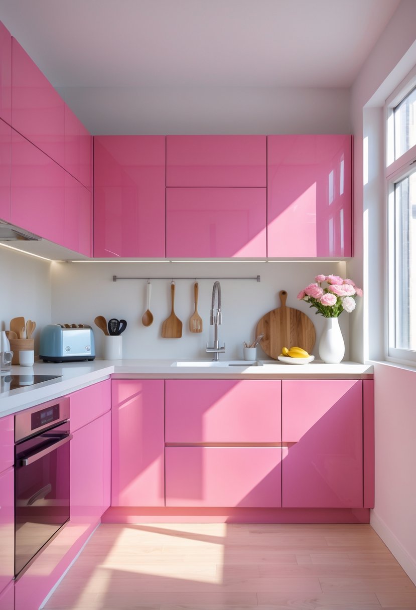 A bright kitchen with vibrant pink cabinets, natural light, and various kitchen accessories on the countertops.