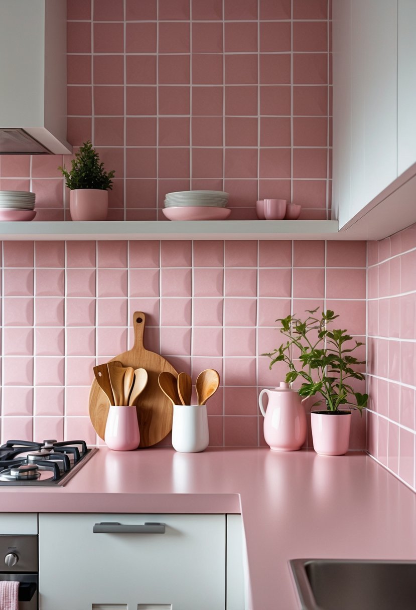 A kitchen countertop with pink tiled backsplash, wooden utensils, a small plant, and kitchenware arranged neatly.
