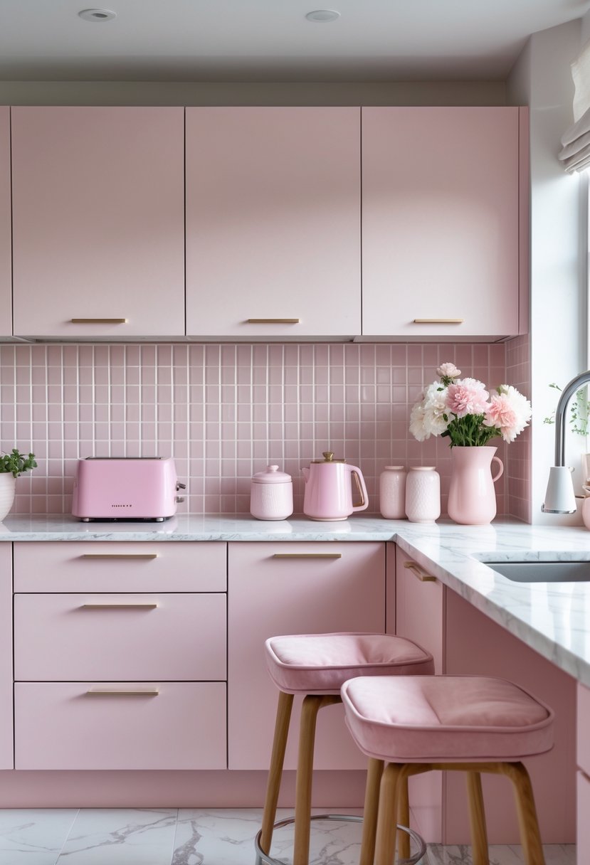 A bright kitchen with pastel pink cabinets, white marble countertops, pink kitchen accessories, and a vase of fresh flowers near a window.