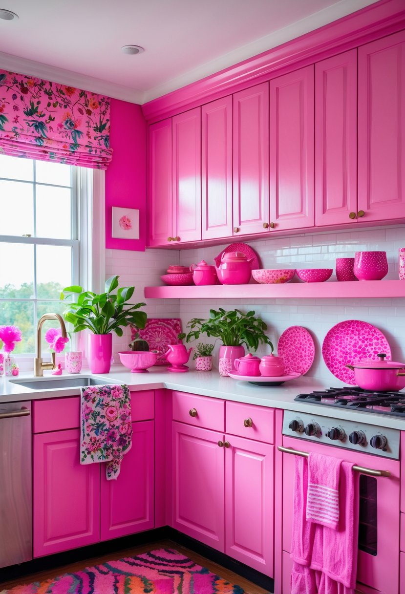 A bright kitchen with pink cabinets, pink accessories, and decorative plants on the counters.