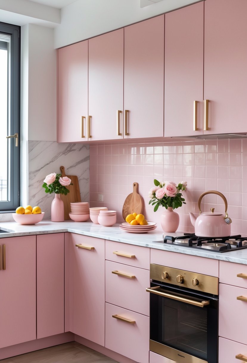 A bright apartment kitchen with pink cabinets, white countertops, and kitchen accessories arranged neatly.