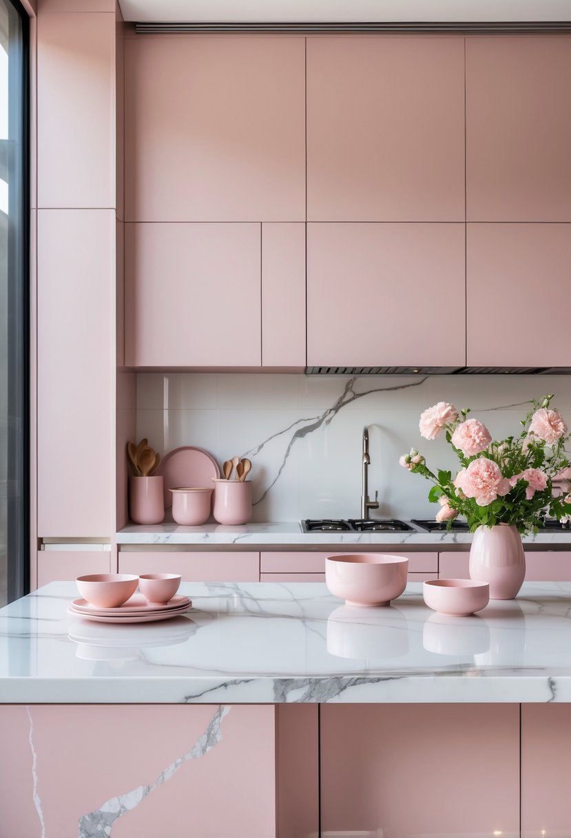 A kitchen with pink cabinets and white marble countertops, decorated with kitchen accessories and illuminated by natural light.