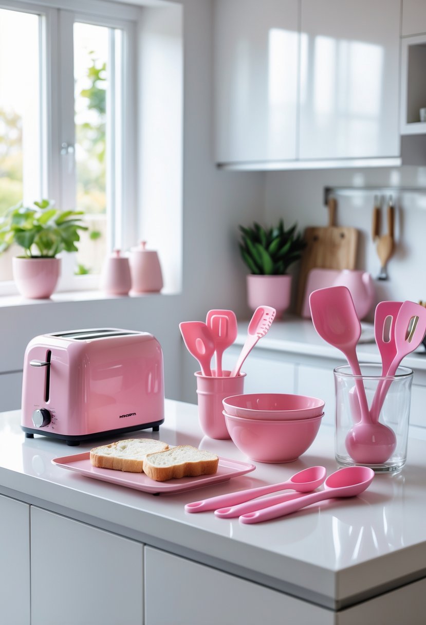 A kitchen countertop displaying various pink kitchen accessories including a toaster, kettle, measuring cups, mixing bowl, and spatulas, with white cabinets and plants in the background.