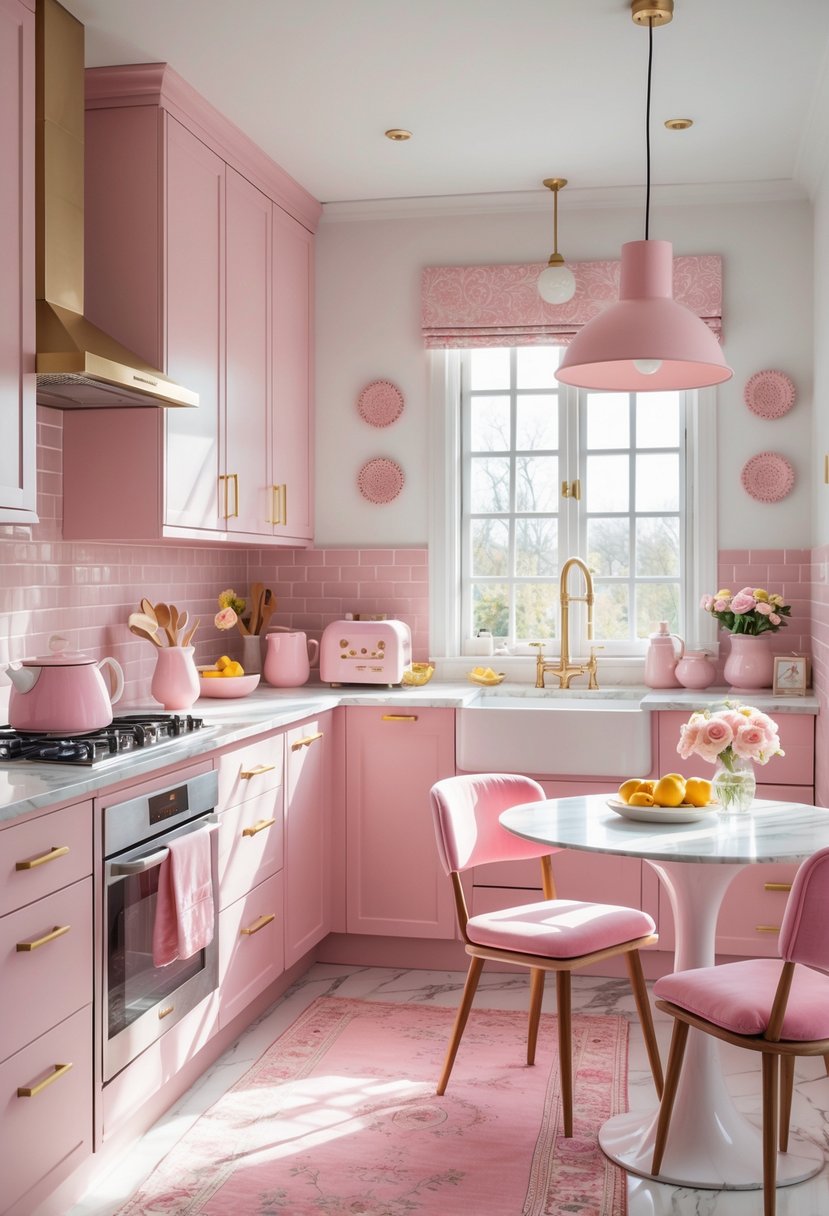 Bright kitchen interior with pink cabinets, white countertops, decorative accessories, and natural sunlight.
